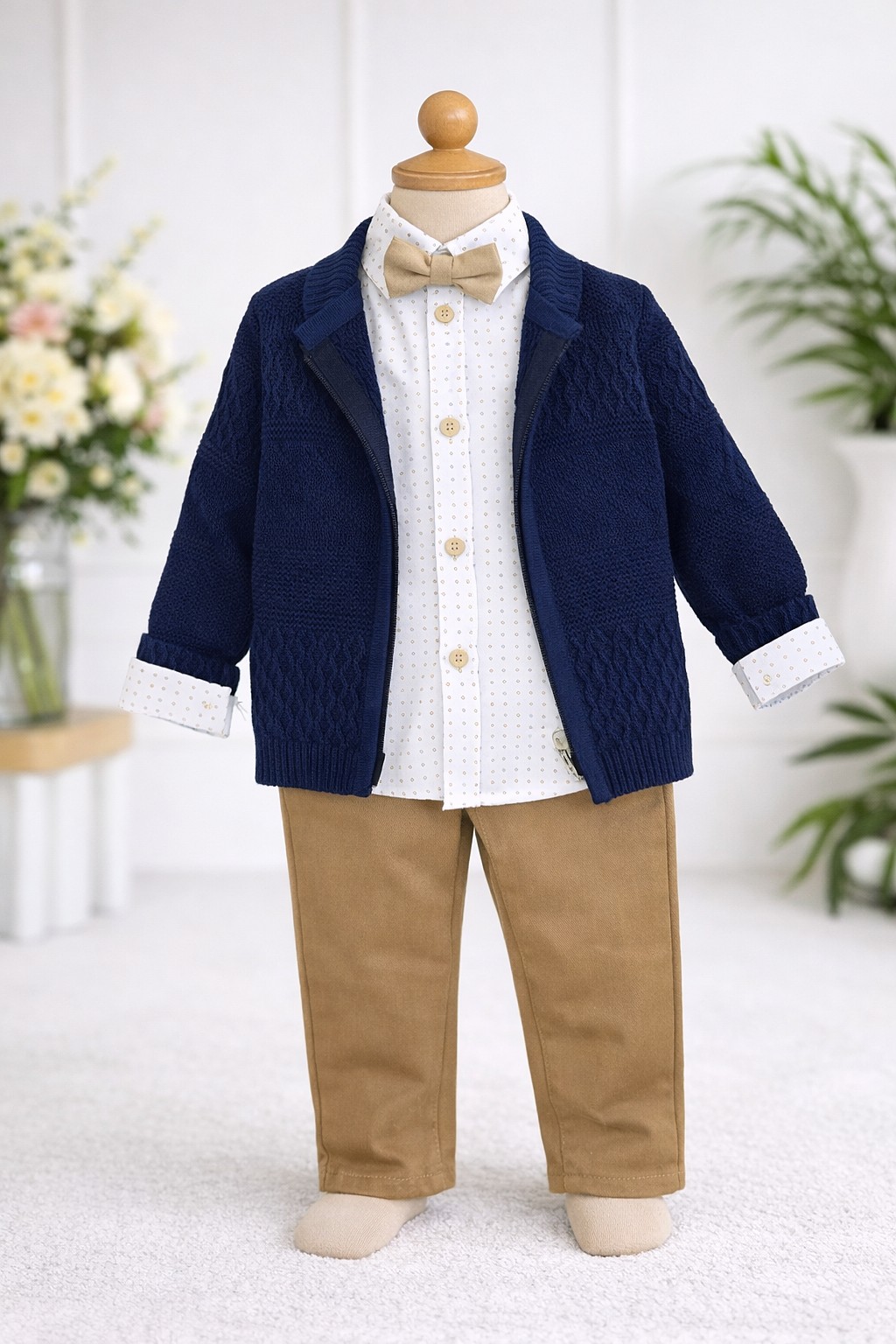 Svečani komplet za dečake – bela košulja, bež pantalone, leptir mašna i teget džemper