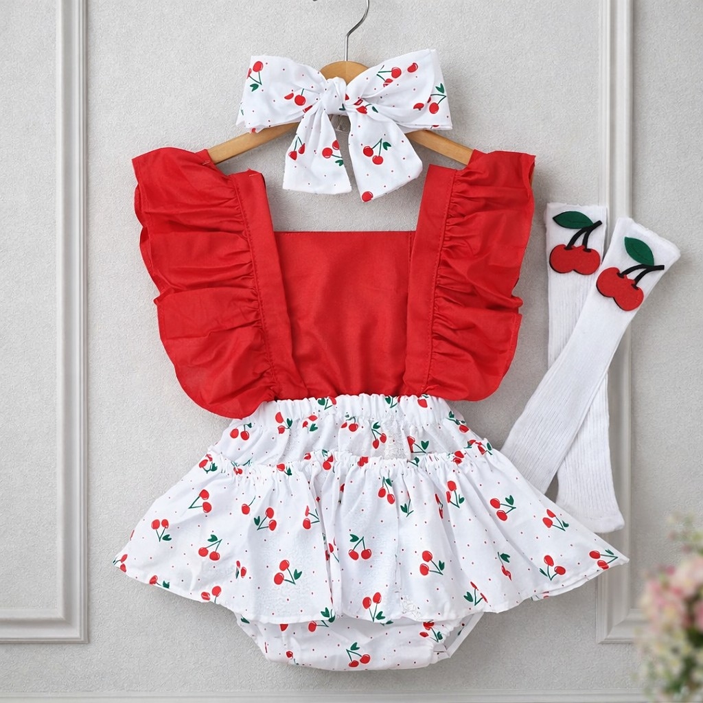Crveno-beli set sa višnjicama – romper, traka i dokolenice