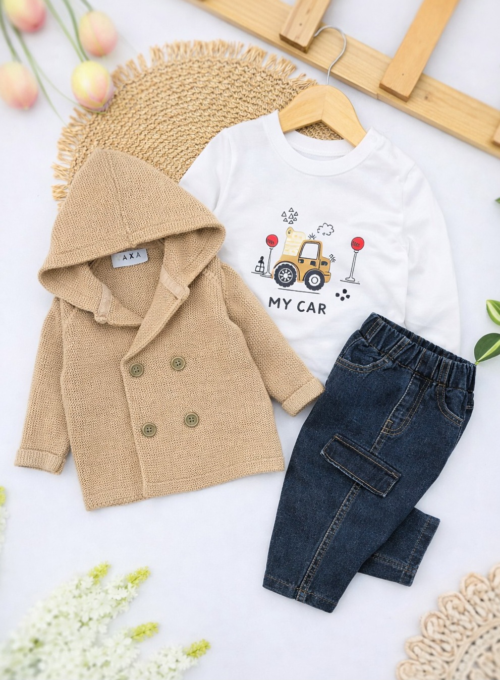 Pletena prolećna jaknica, bluzica i farmerice za dečake