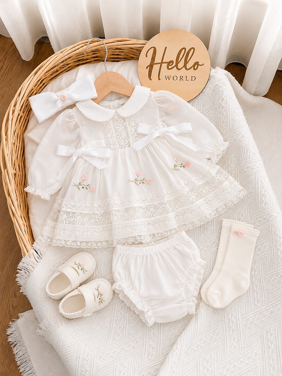 Beli svečani set za bebe devojčice u poklon kutiji – haljinica i dodaci