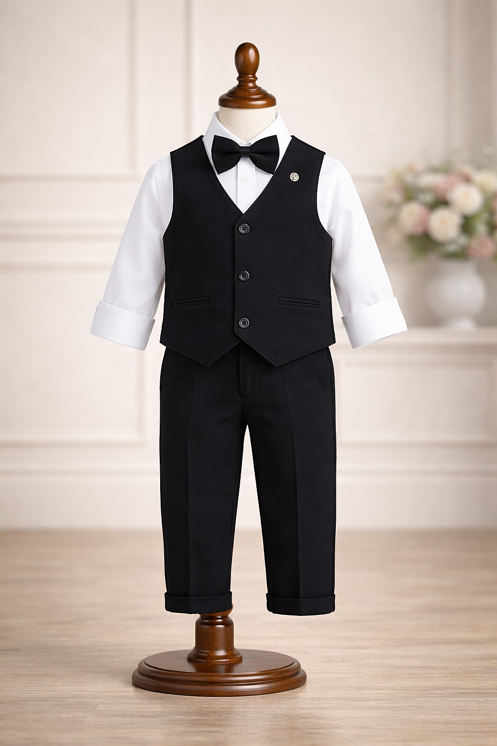Crno svečano odelo za dečake – košulja, prsluk, leptir mašna i pantalone