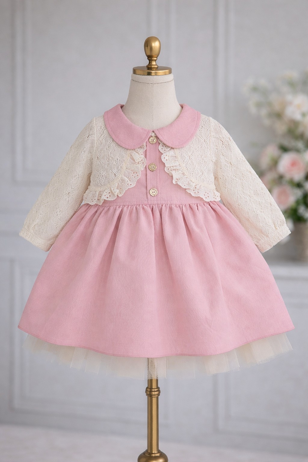 Roze svečana haljinica sa imitacijom bolera i kragnicom