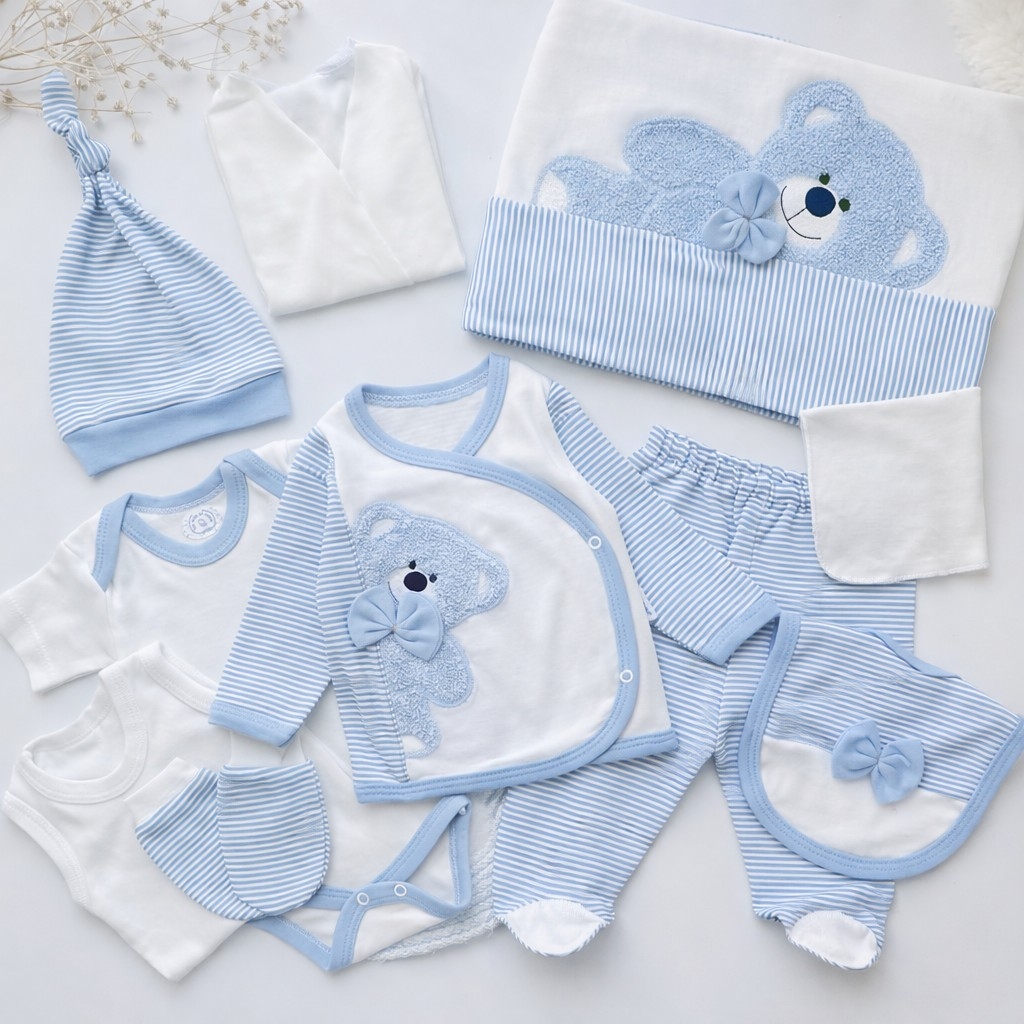 Desetodelni set za novorođenče u poklon kutiji – plavi meda