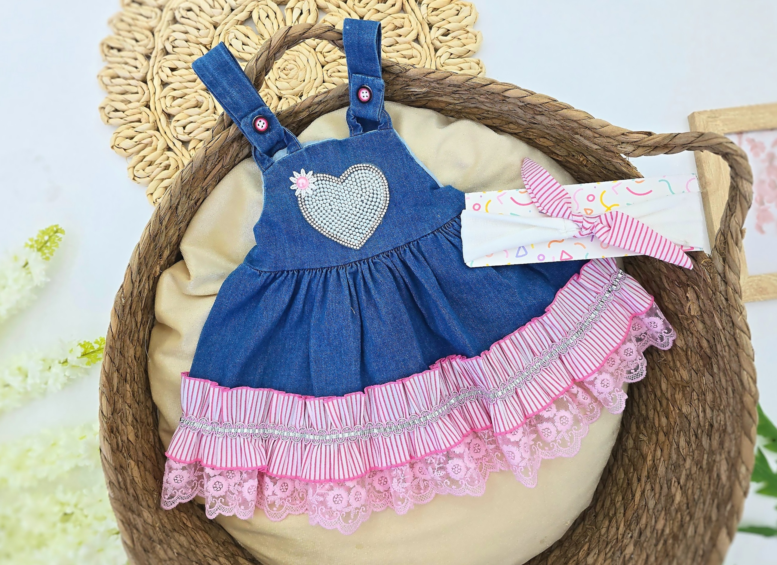 Teksas haljinica za bebe sa srcem i roze detaljima i trakica za kosu – komplet za devojčice