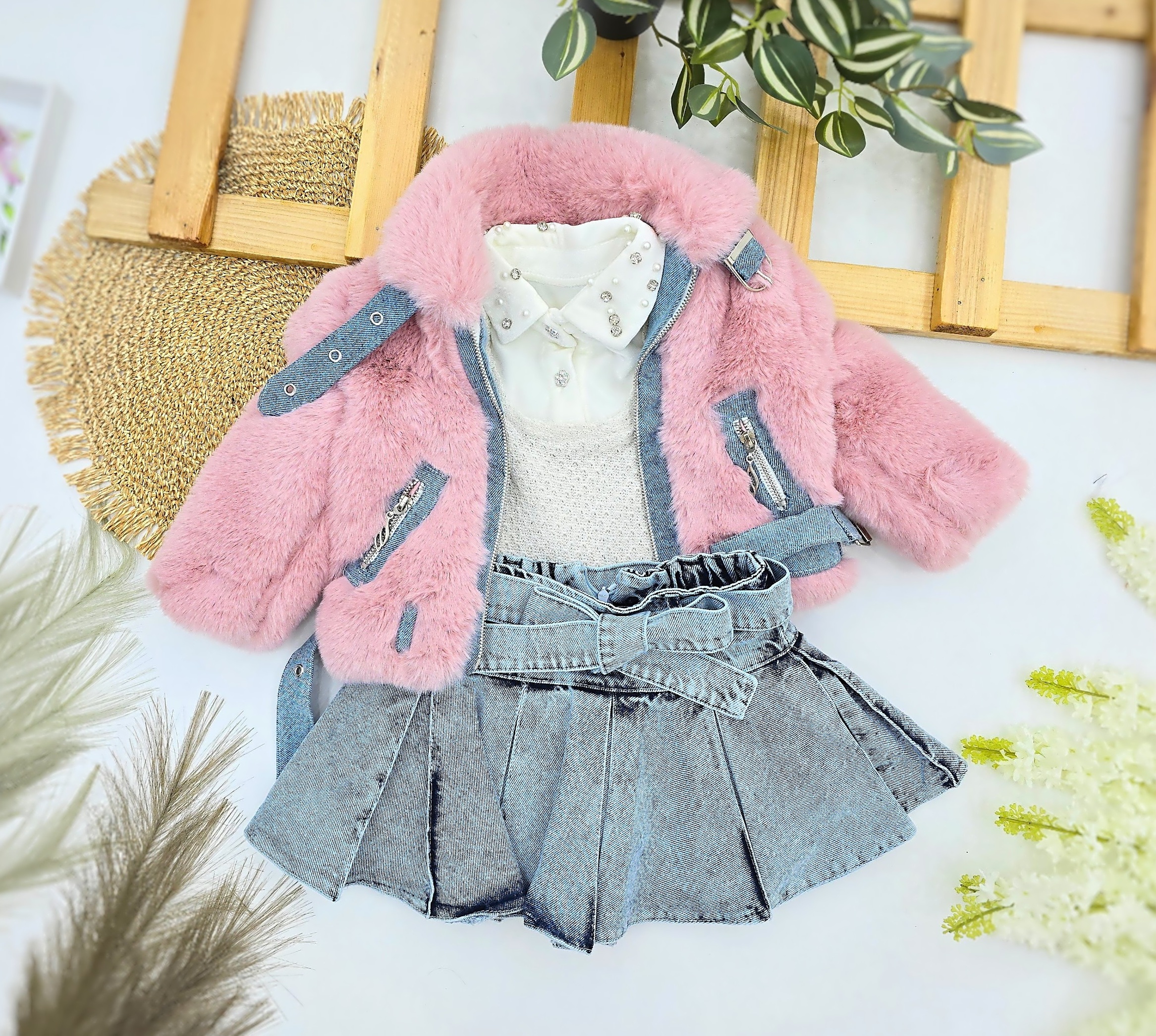 Roze bundica, teksas suknja i beli džemper sa kragnicom – lux komplet za devojčice