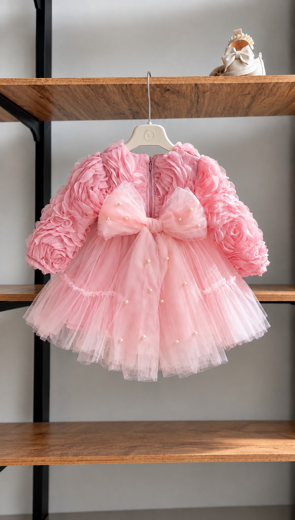 Roze svečana haljina za devojčice sa 3D ružama i biserima