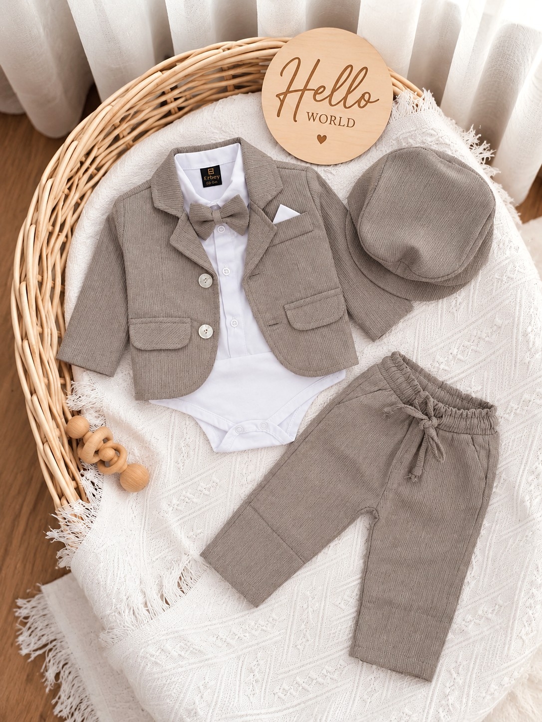 Bež svečano odelo za bebe dečake – sako, bodi košulja, pantalone i beretka