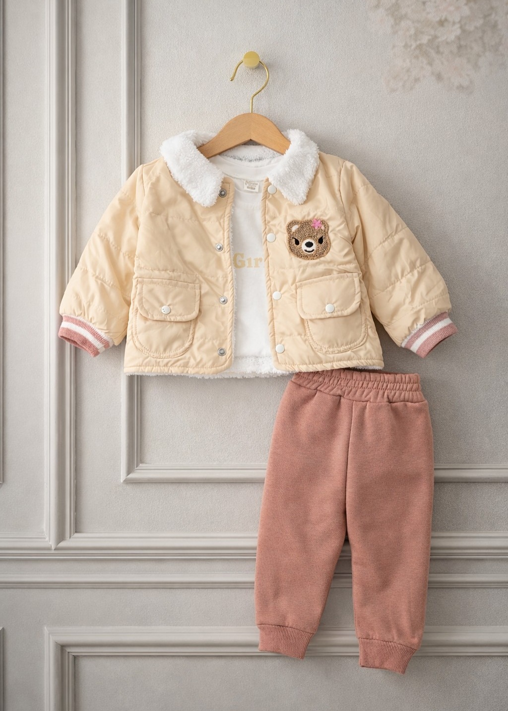 Komplet za bebe devojčice – šuškava jakna sa krznom, bluzica i donji deo trenerke