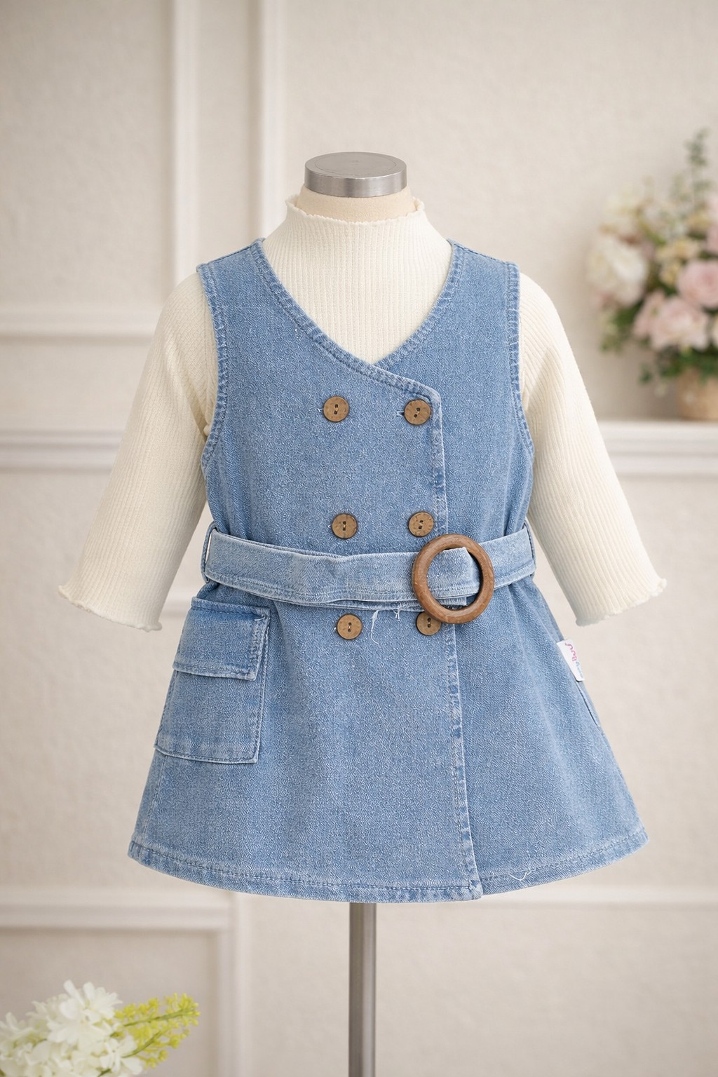 Set bluza i teksas haljinica sa kaišem - belo