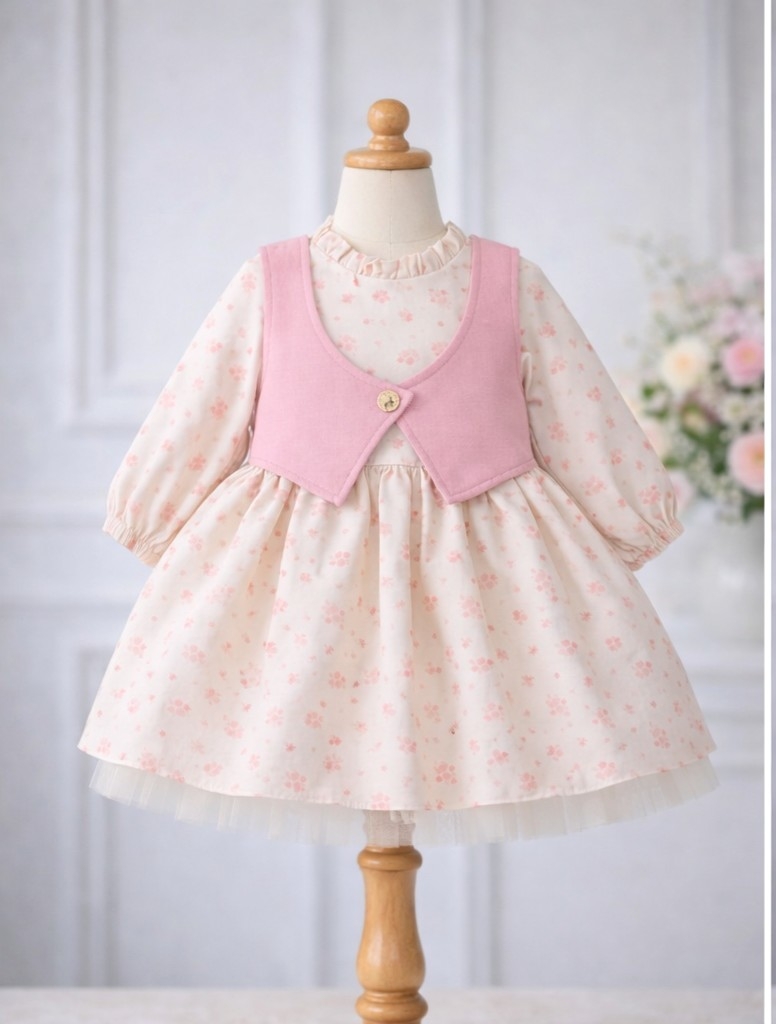 Krem svečana haljinica sa cvetnim detaljima i imitacijom prsluka