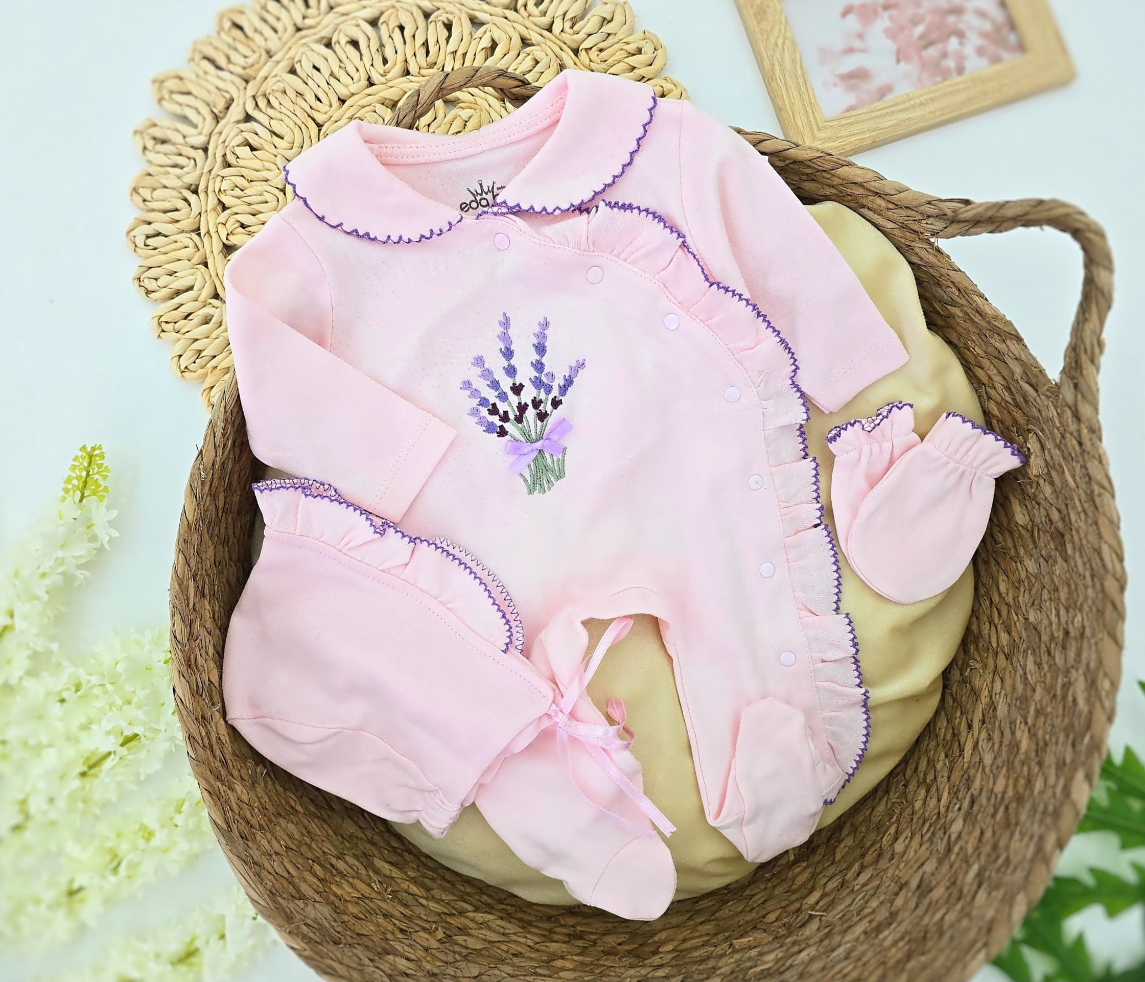 Trodelni set za bebe "Lavanda" – kombinezon, kapica i rukavice