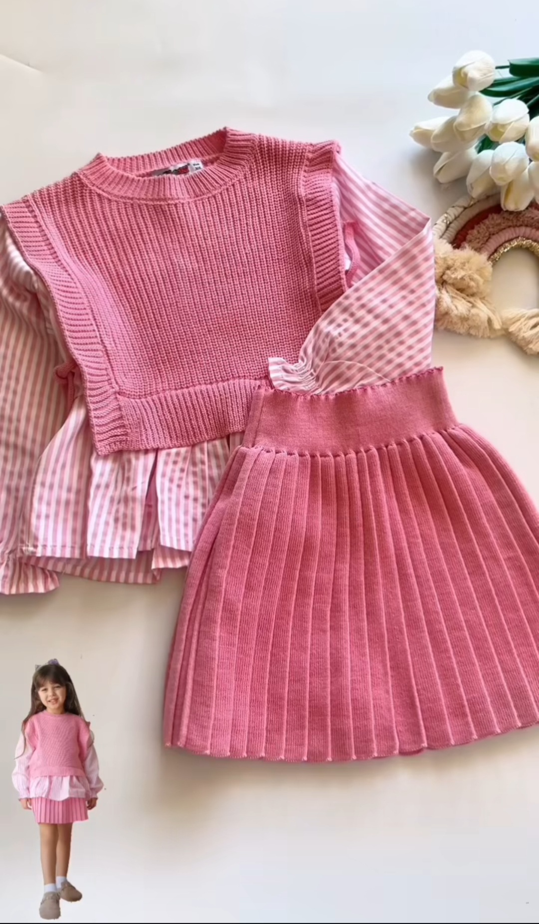 Dvodelni komplet za devojčice – roze suknjica i košulja sa imitacijom džempera