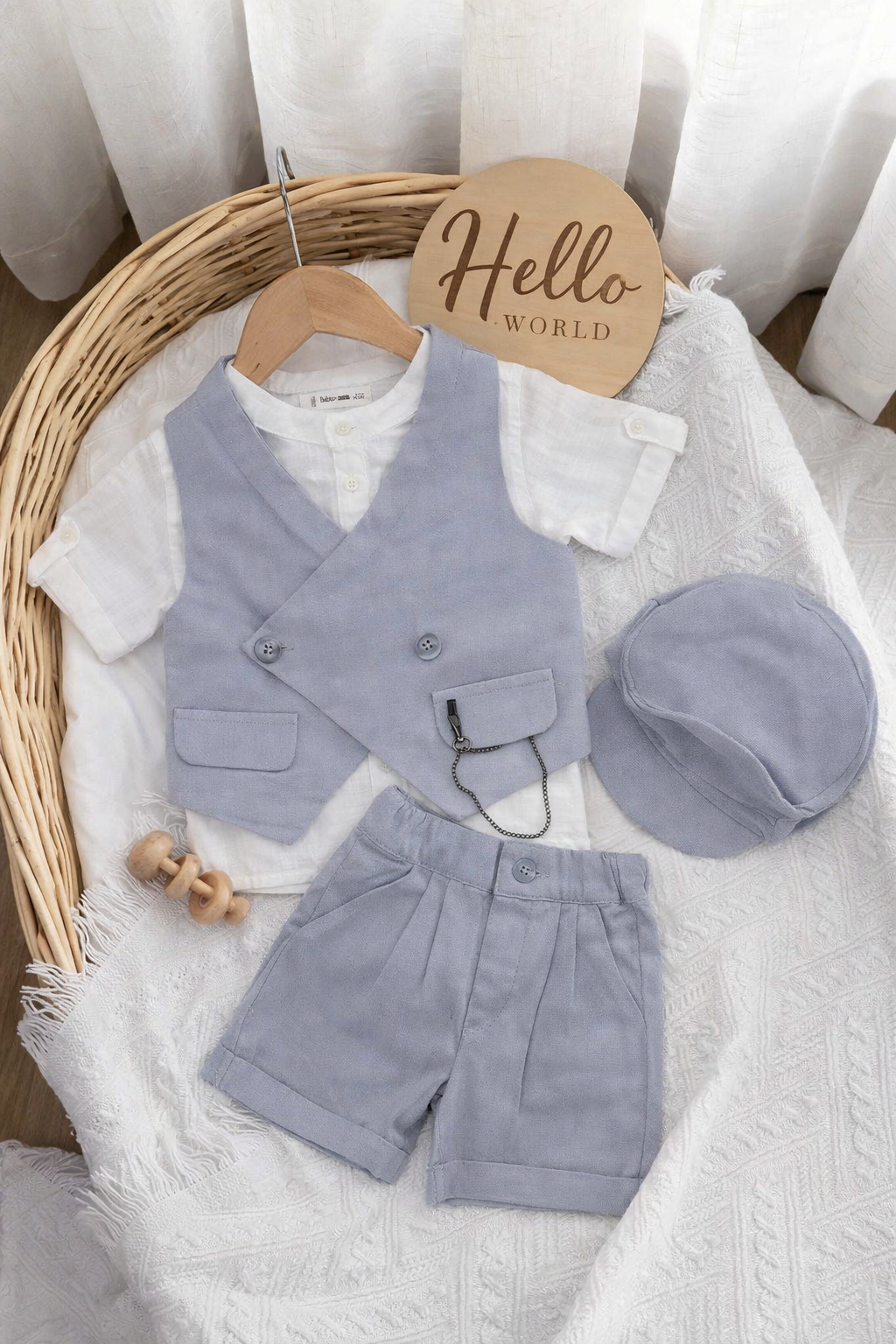 Svečano letnje odelo za bebe dečake – košulja, prsluk, šorts i beretka (grafit)