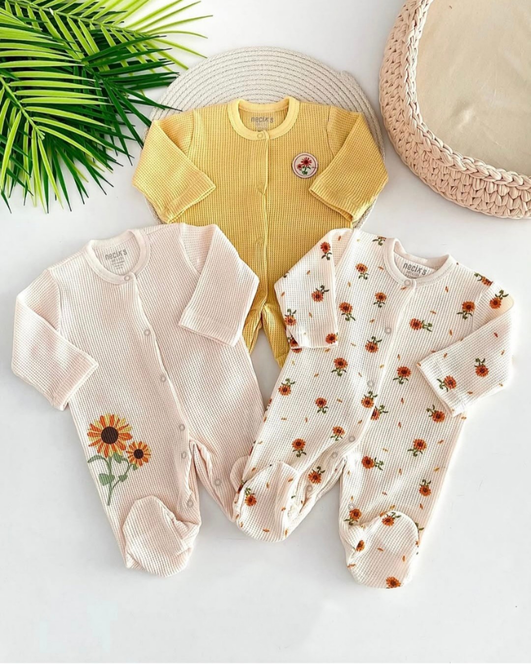 Set od tri štrample za bebe – Motiv suncokreta, 100% pamuk, mekane i udobne
