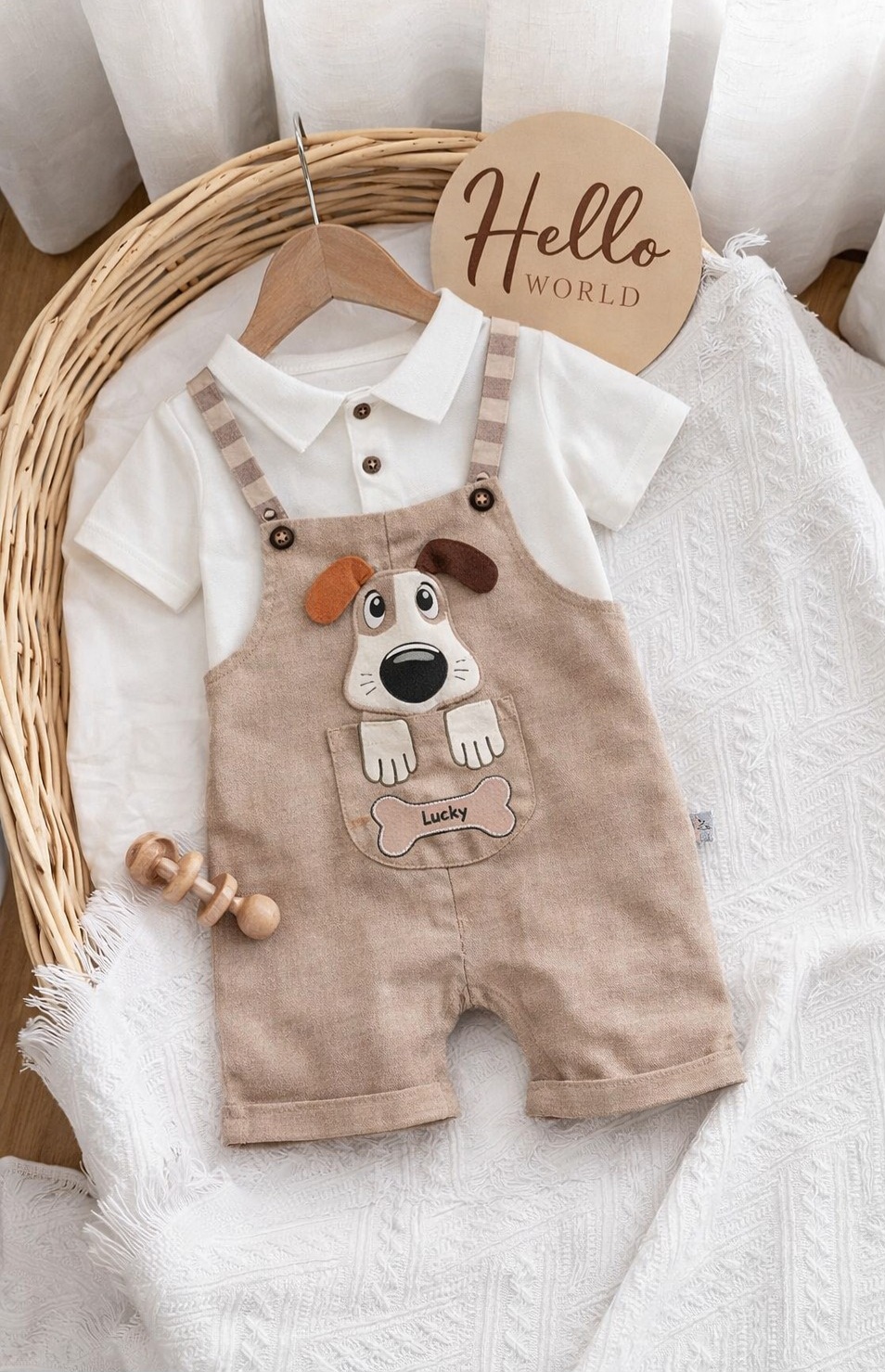 Bež letnji set za bebe sa psićem – majica sa kragnicom i kombinezon