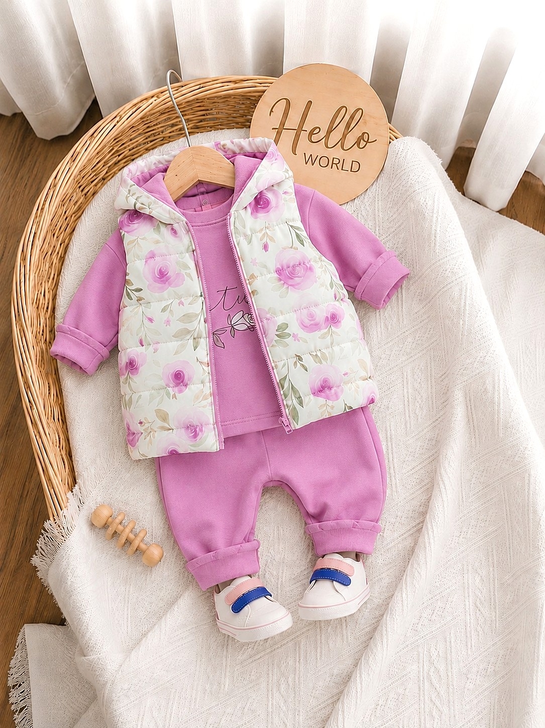 Ljubičasti komplet sa cvetnim motivom – šuškavac prsluk, bluza i donji deo
