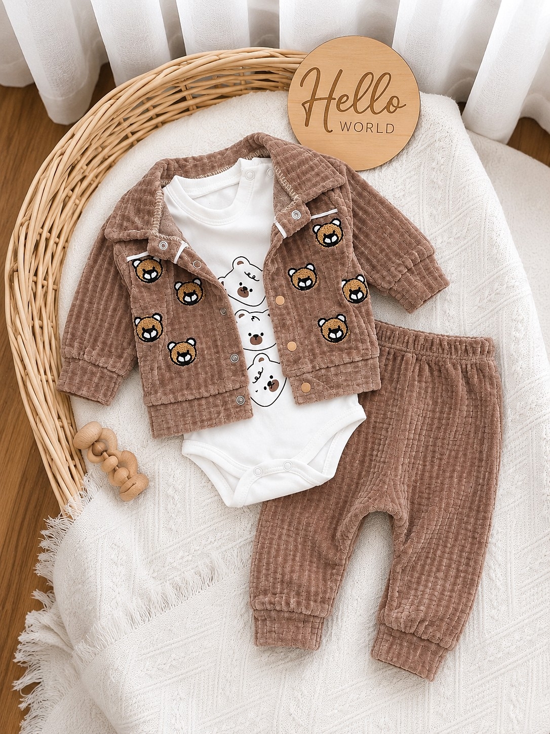 Braon plišani set za bebe – duks, pantalonice i bodi sa medvedicima
