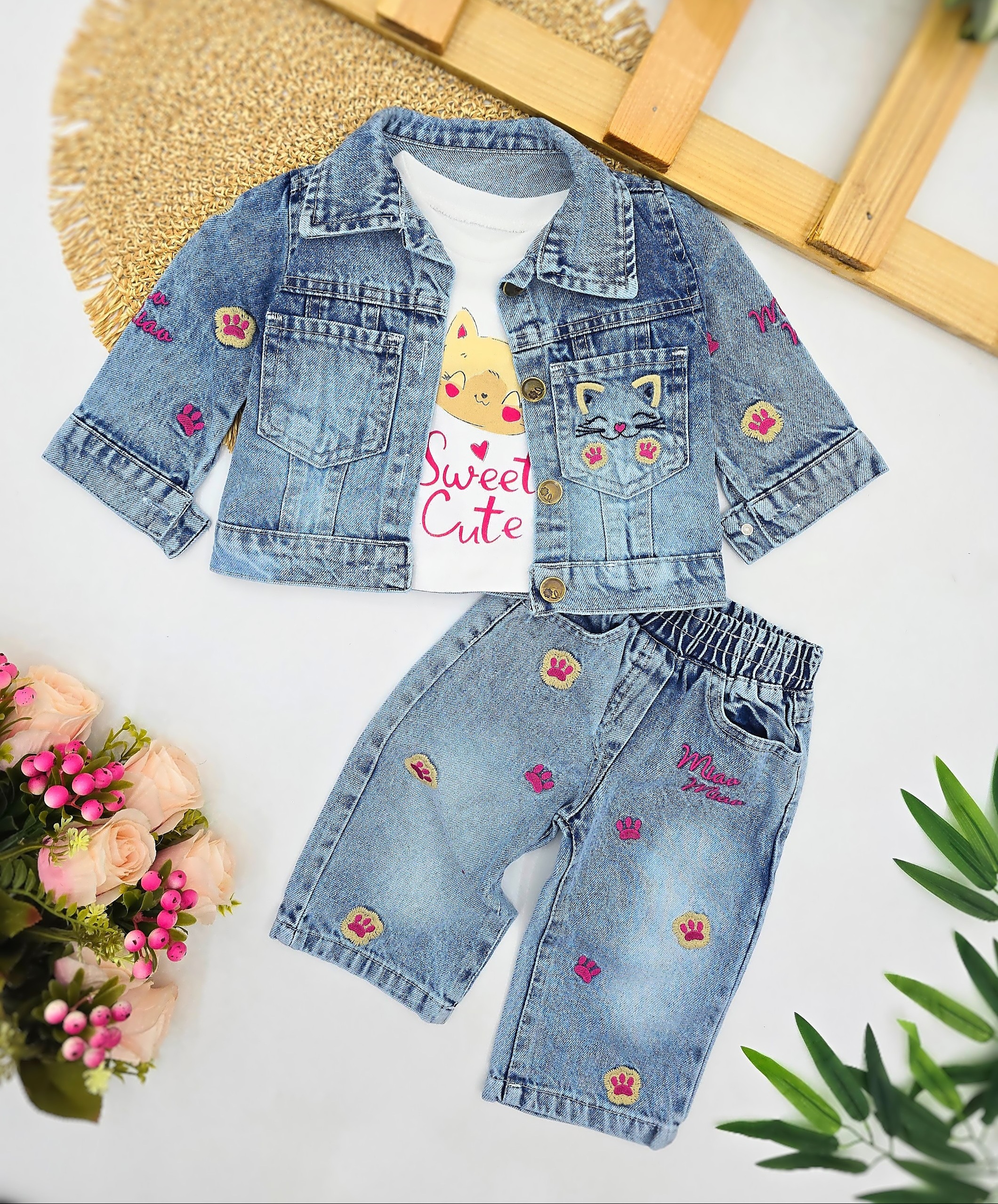 Teksas set sa motivom mace i šapica: jaknica, farmerice i bluza