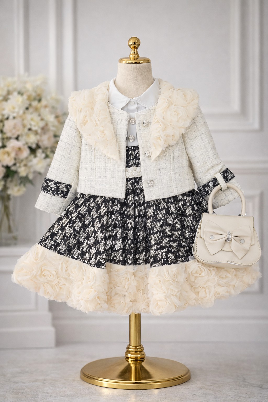 Crna svečana haljina sa šljokicama i sakoom – komplet sa torbicom i lančićem