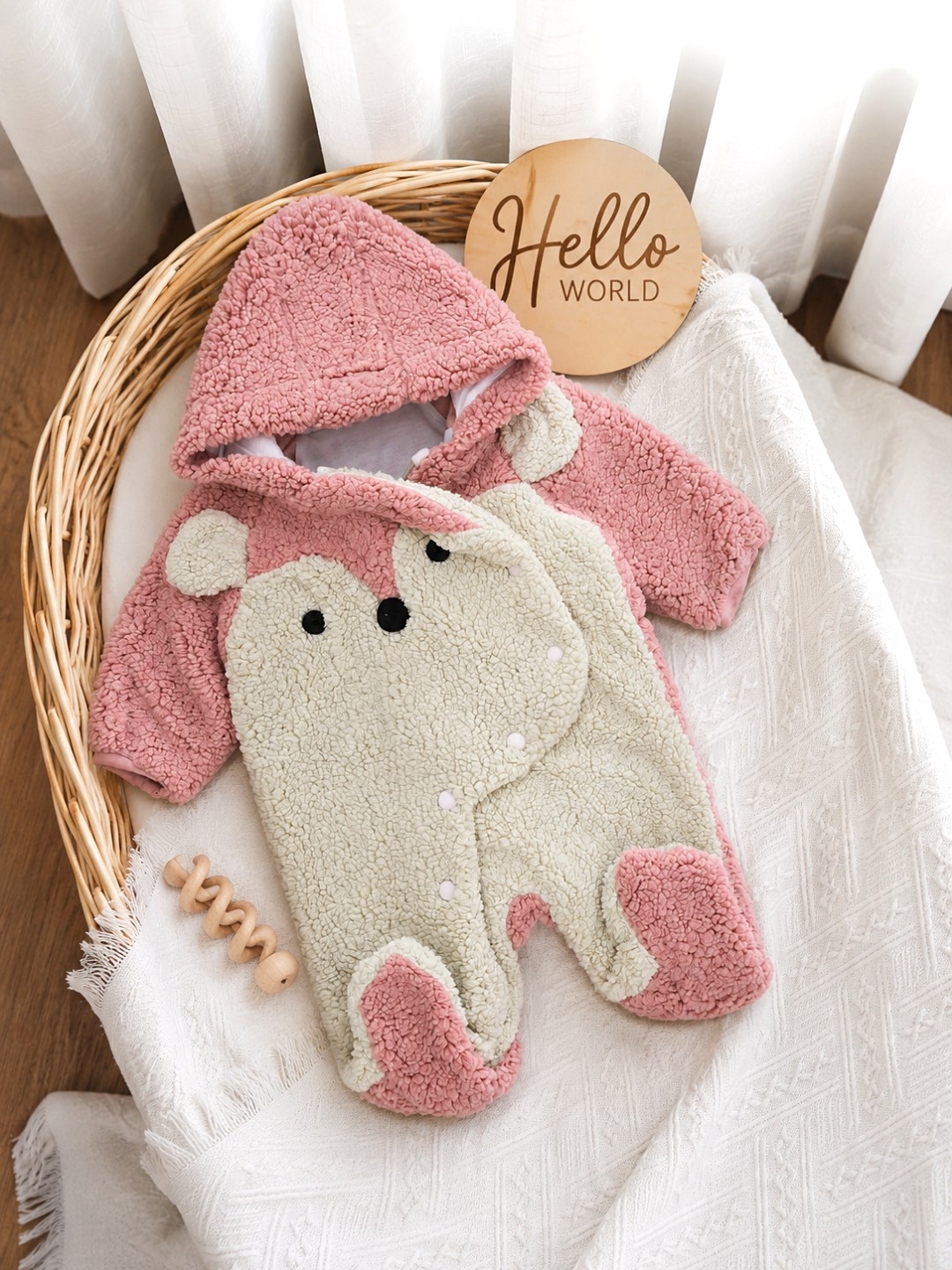 Tedi skafander za bebe sa kapuljačom – roze/krem