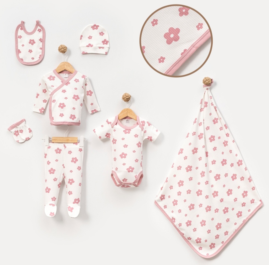 Sedmodelni set za bebe sa cvetićima – Roze i beli pamuk