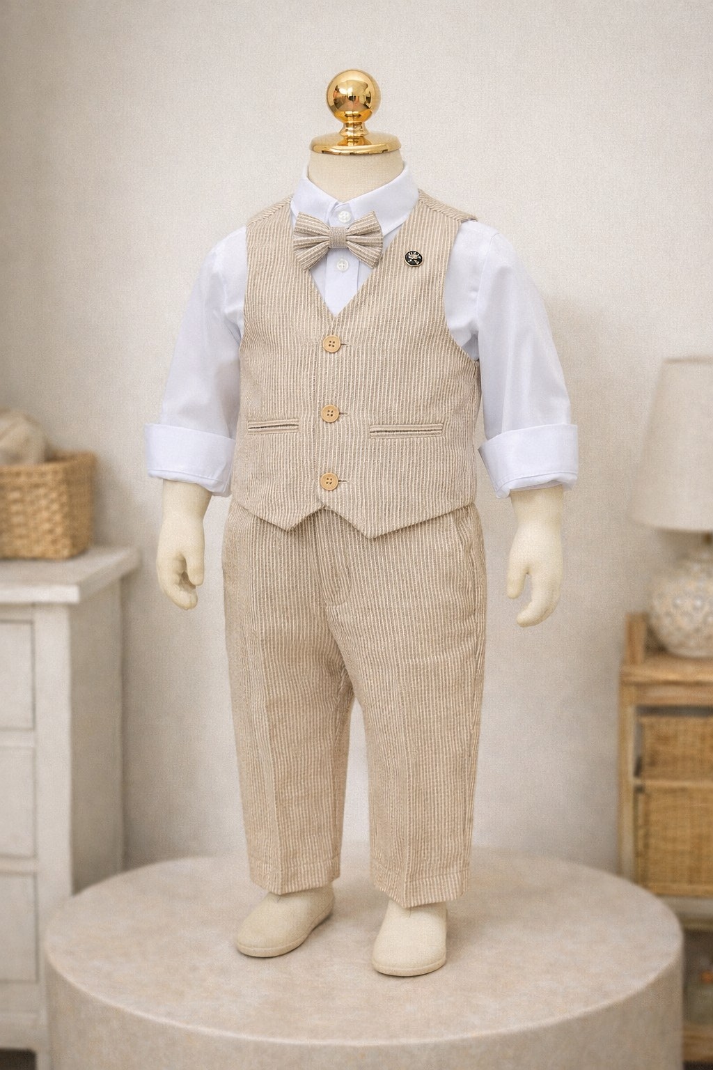 Svečano odelo za dečake u svetlo bež boji – košulja, prsluk, leptir mašna i pantalone