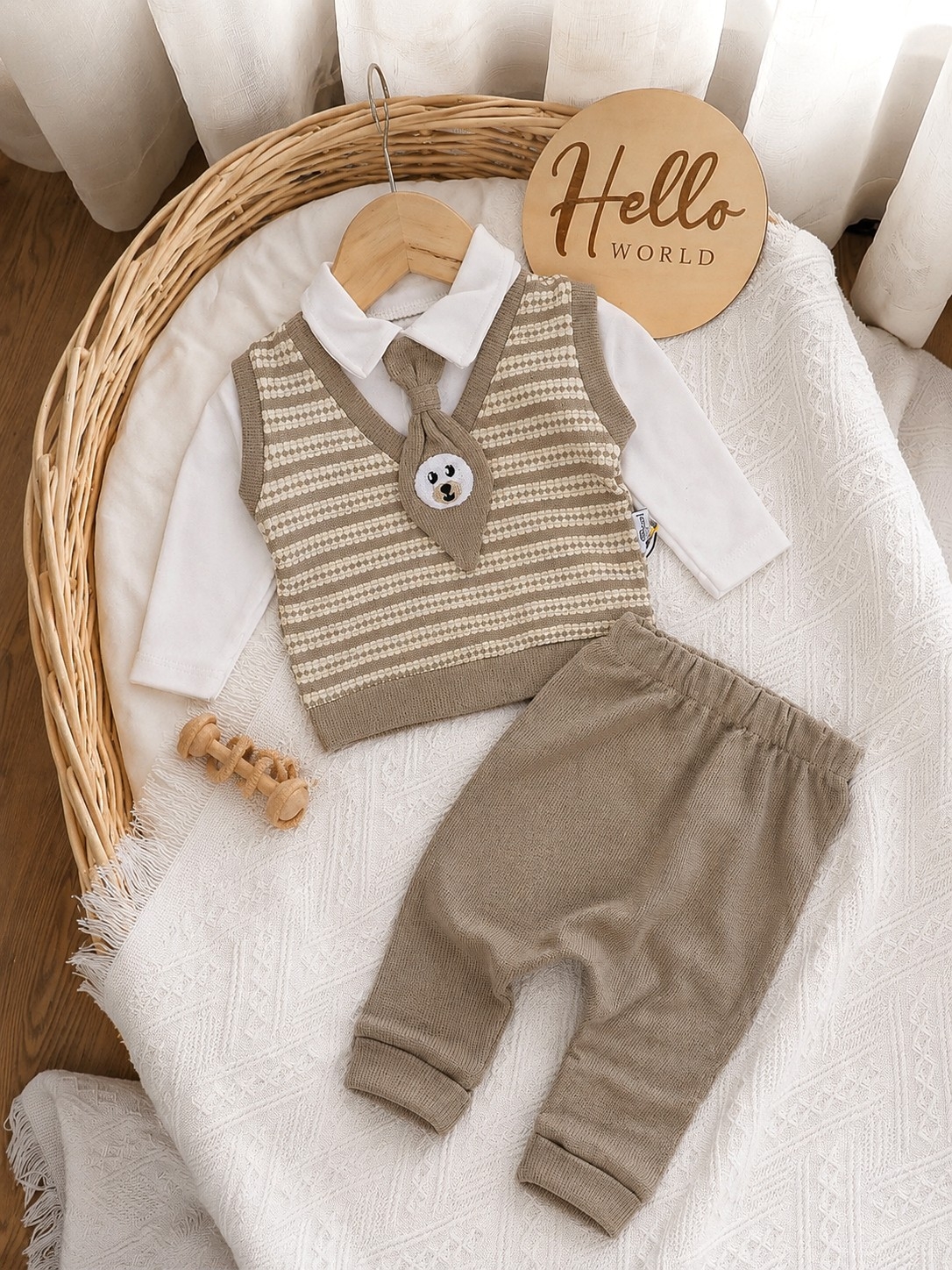 Dvodelni pamučni set – bluza sa imitacijom prsluka i pantalone (braon)