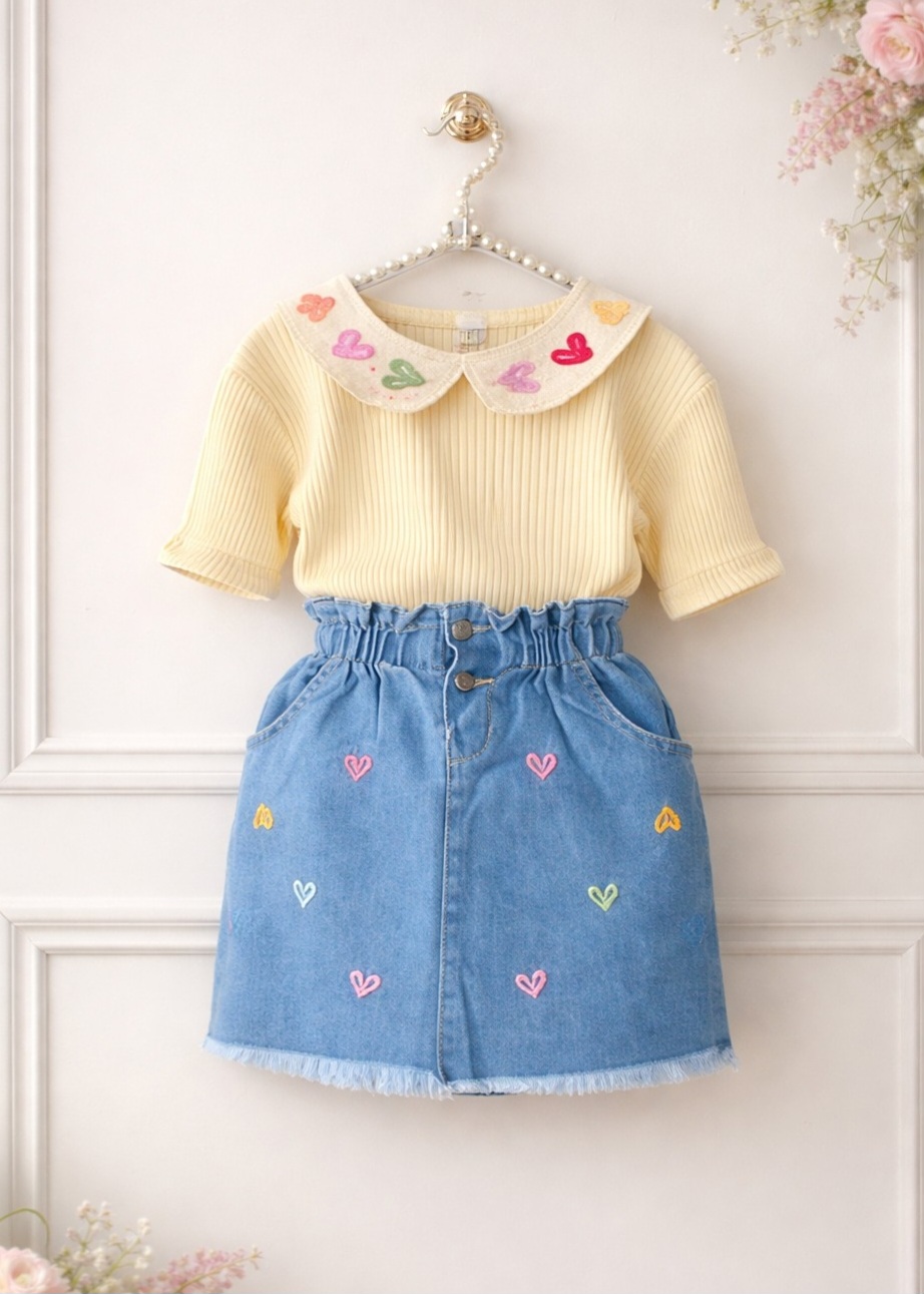 Dvodelni komplet za devojčice – teksas suknja i bluzica sa kragnom