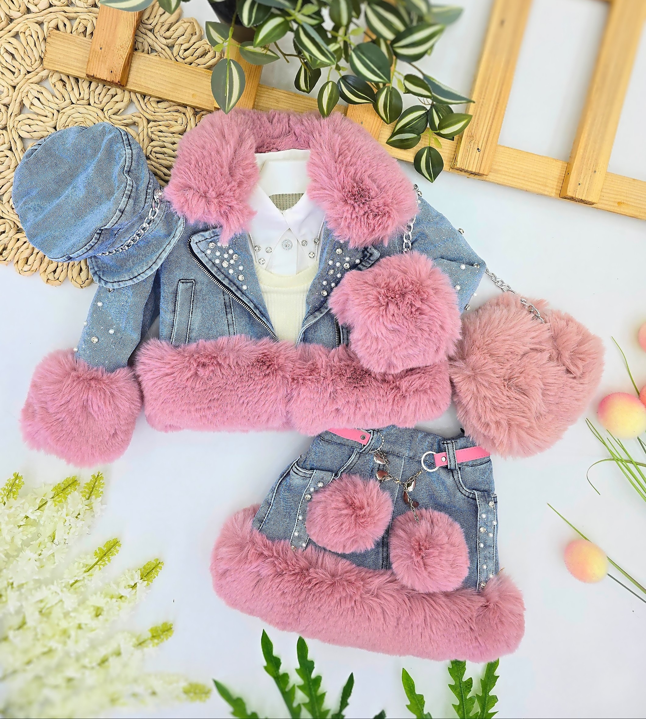 Lux teksas set za devojčice sa roze krznom – bundica, suknja, bluza, torbica i beretka