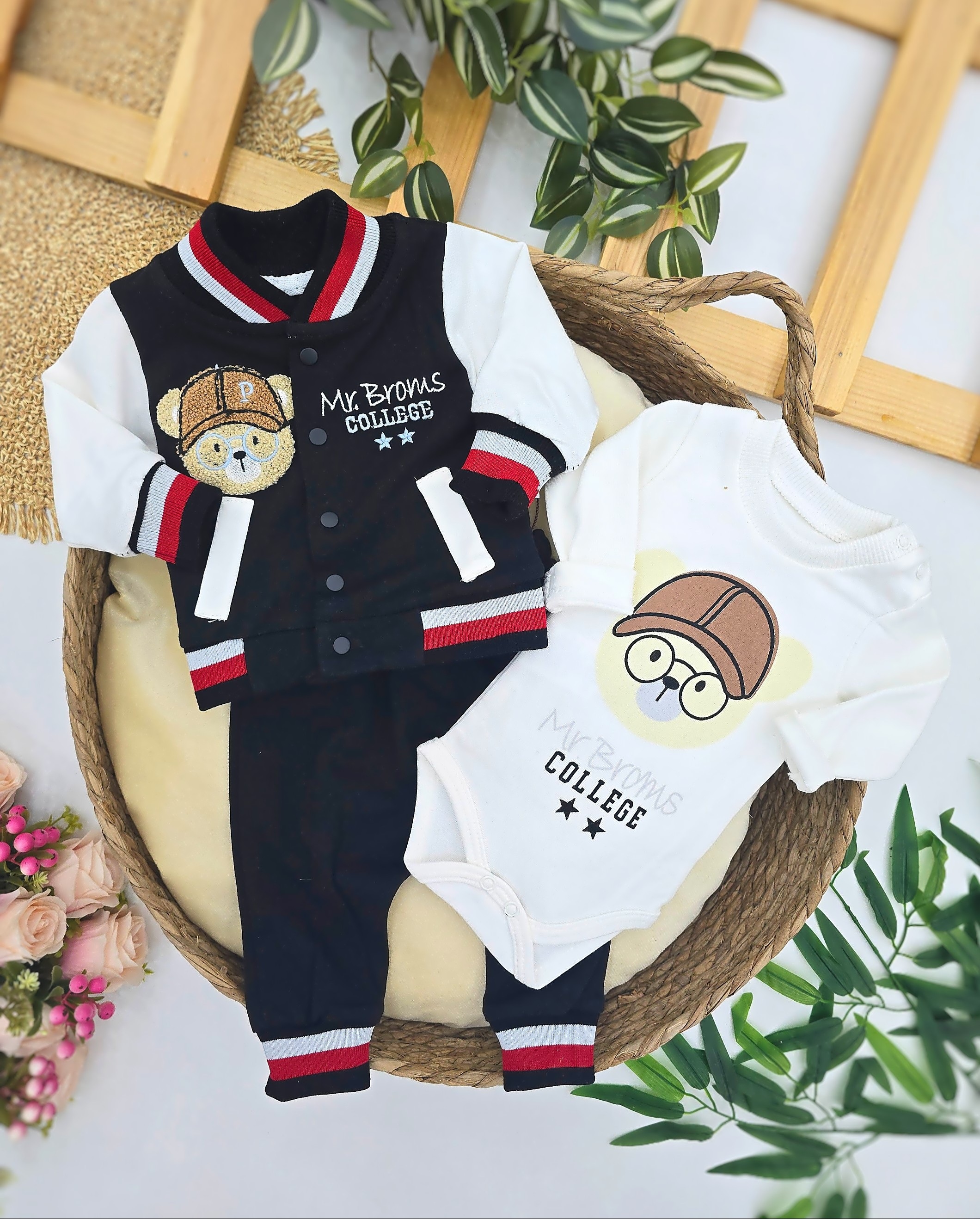 Crni set za bebe dečake sa medom – koledž duks, bodi i pantalonice