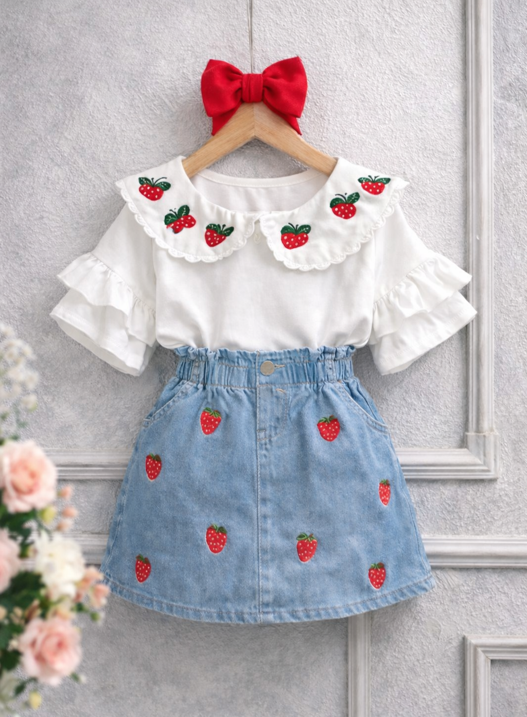 Dvodelni komplet sa jagodicama – suknjica i bluzica za devojčice