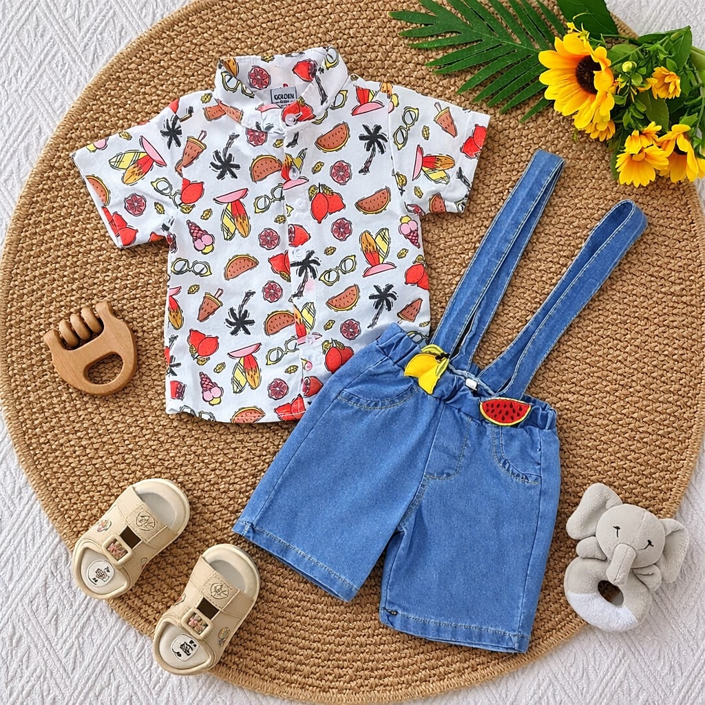 Komplet za dečake – Šorts na tregere i košuljica sa voćkicama