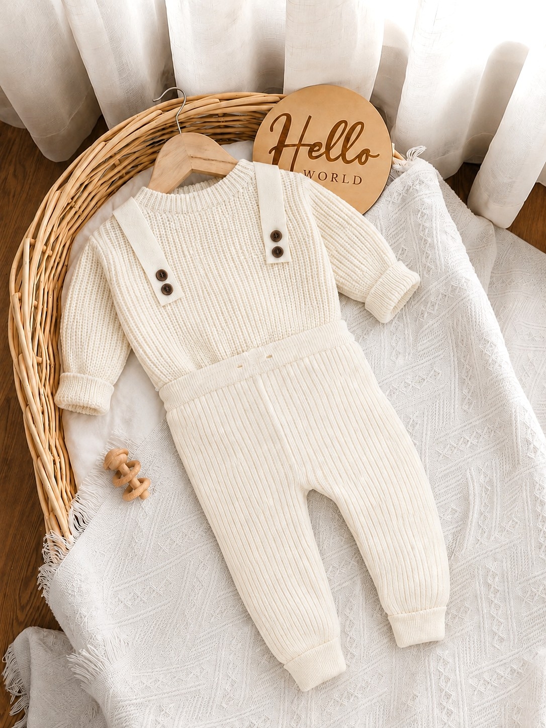 Beli pleteni set za bebe – džemper i pantalone sa tregerima