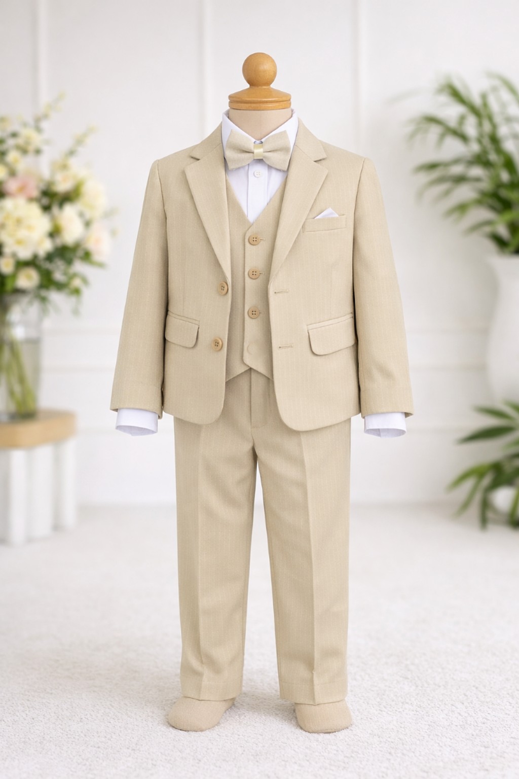 Lux svečano odelo za dečake u bež boji – sako, košulja, prsluk, leptir mašna i pantalone