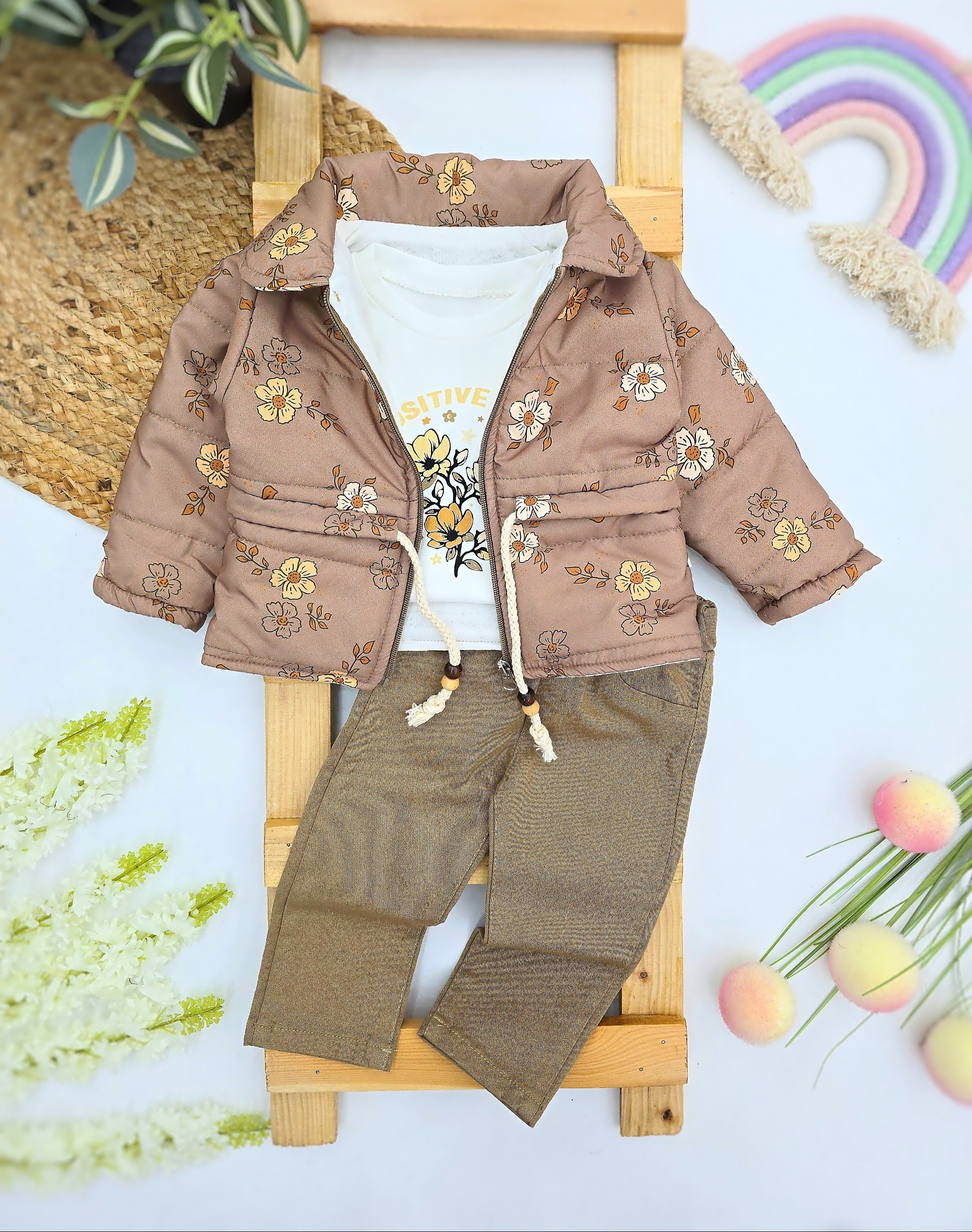 Prolećni set sa cvetnim detaljima – jaknica, pantalone i bluza (braon)