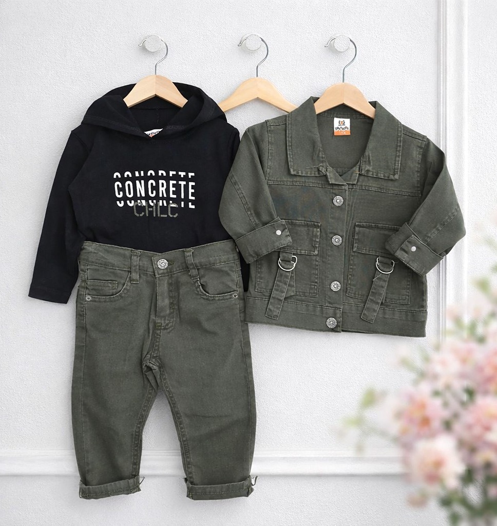 Teksas jaknica i farmerice u maslinastoj boji + crni duks za dečake