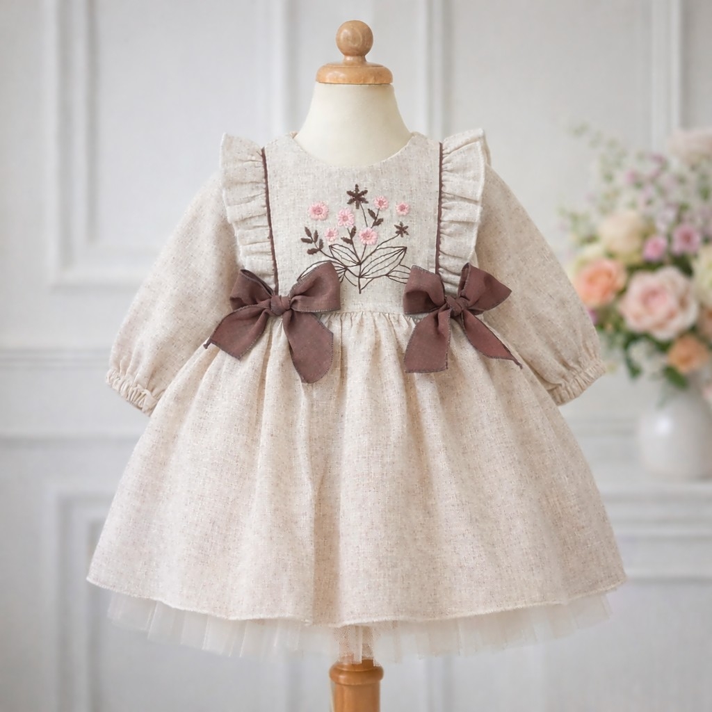 Krem haljinica za bebe devojčice sa cvetnim detaljima i mašnicama