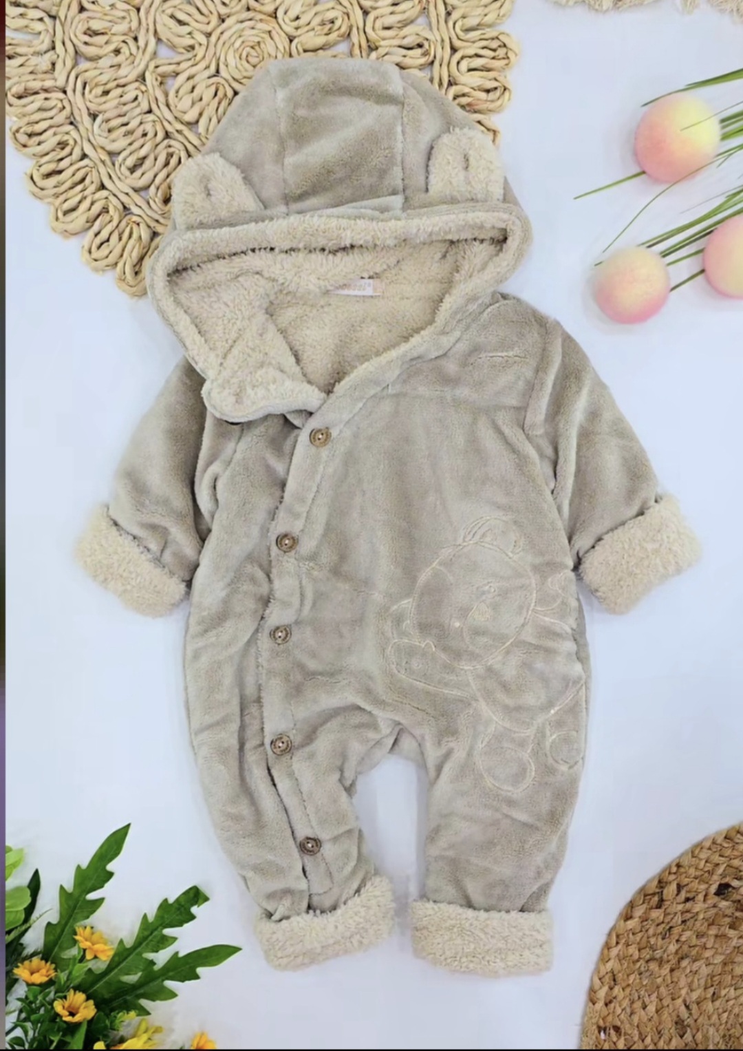 Bebi zimski skafander od pliša sa kapuljačom i ušima – bež