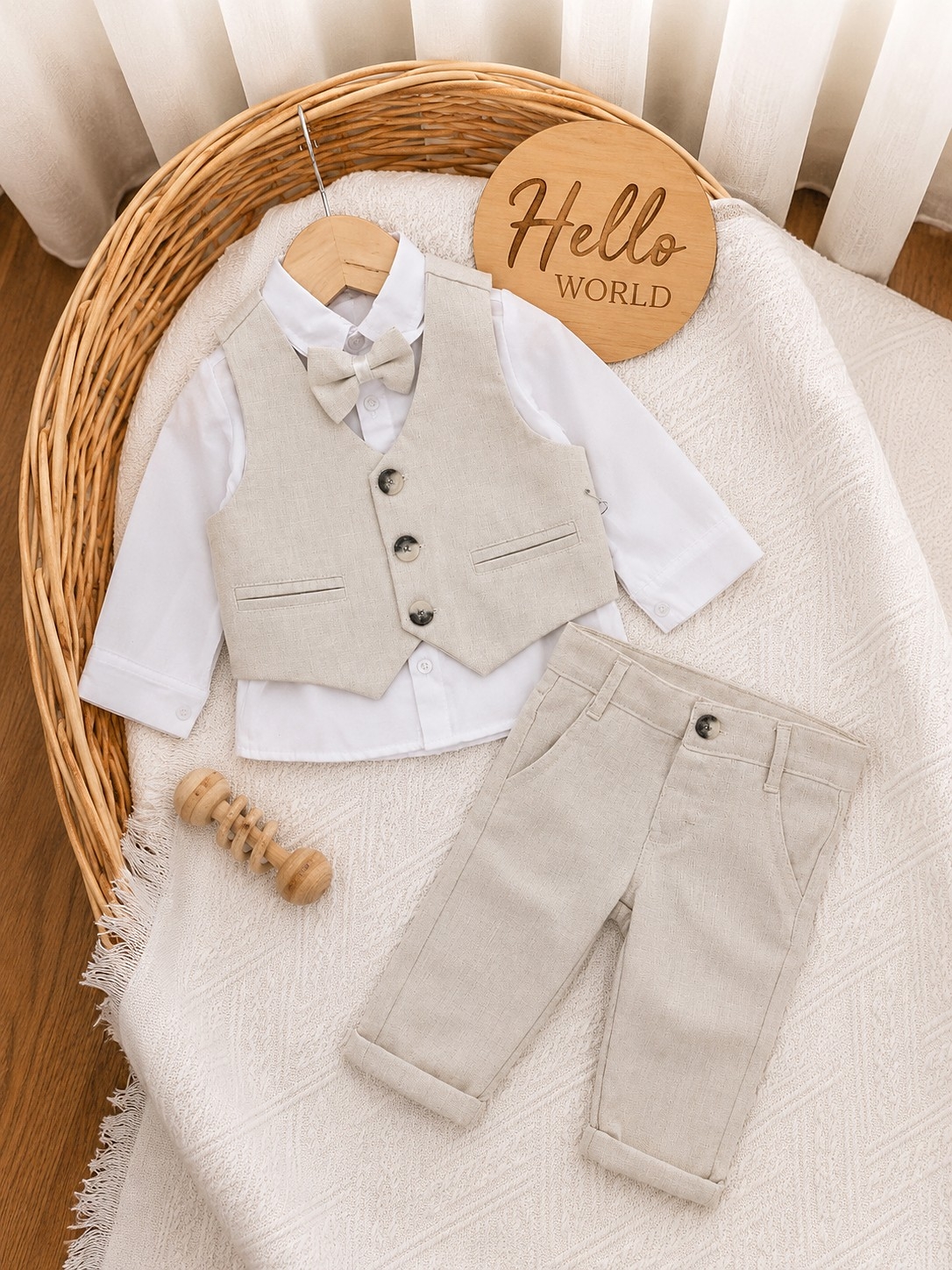 Bež svečano odelo za bebe dečake – pantalone, košulja, prsluk i leptir mašna