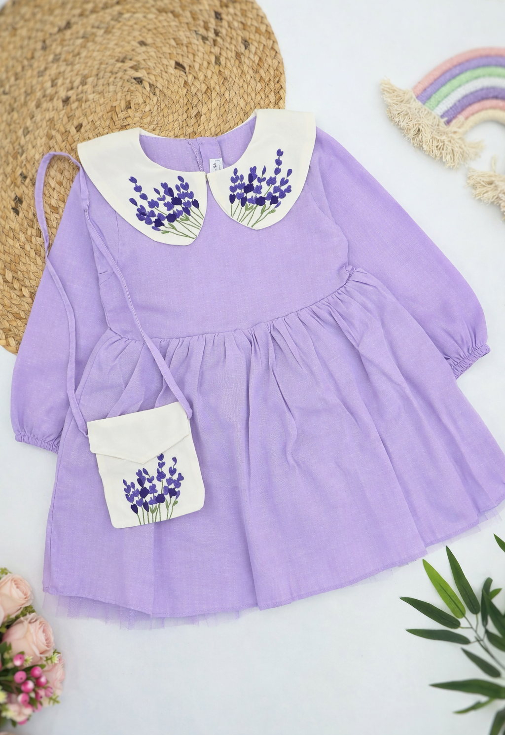 Ljubičasta haljinica za devojčice sa torbicom – lavanda motiv