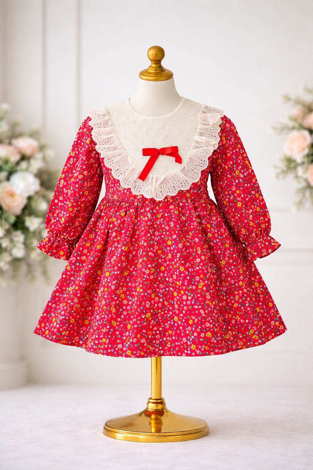 Crvena cvetna haljina za devojčice sa belom kragnom – šareni detalji