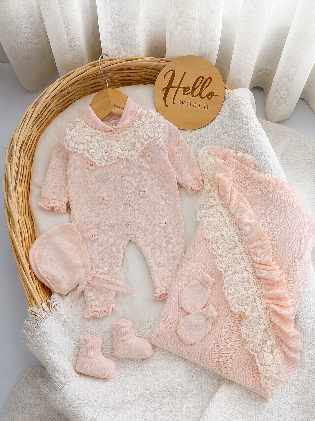 Knit Nipperland set za novorođenče sa cvetićima – organski pamuk (roze)