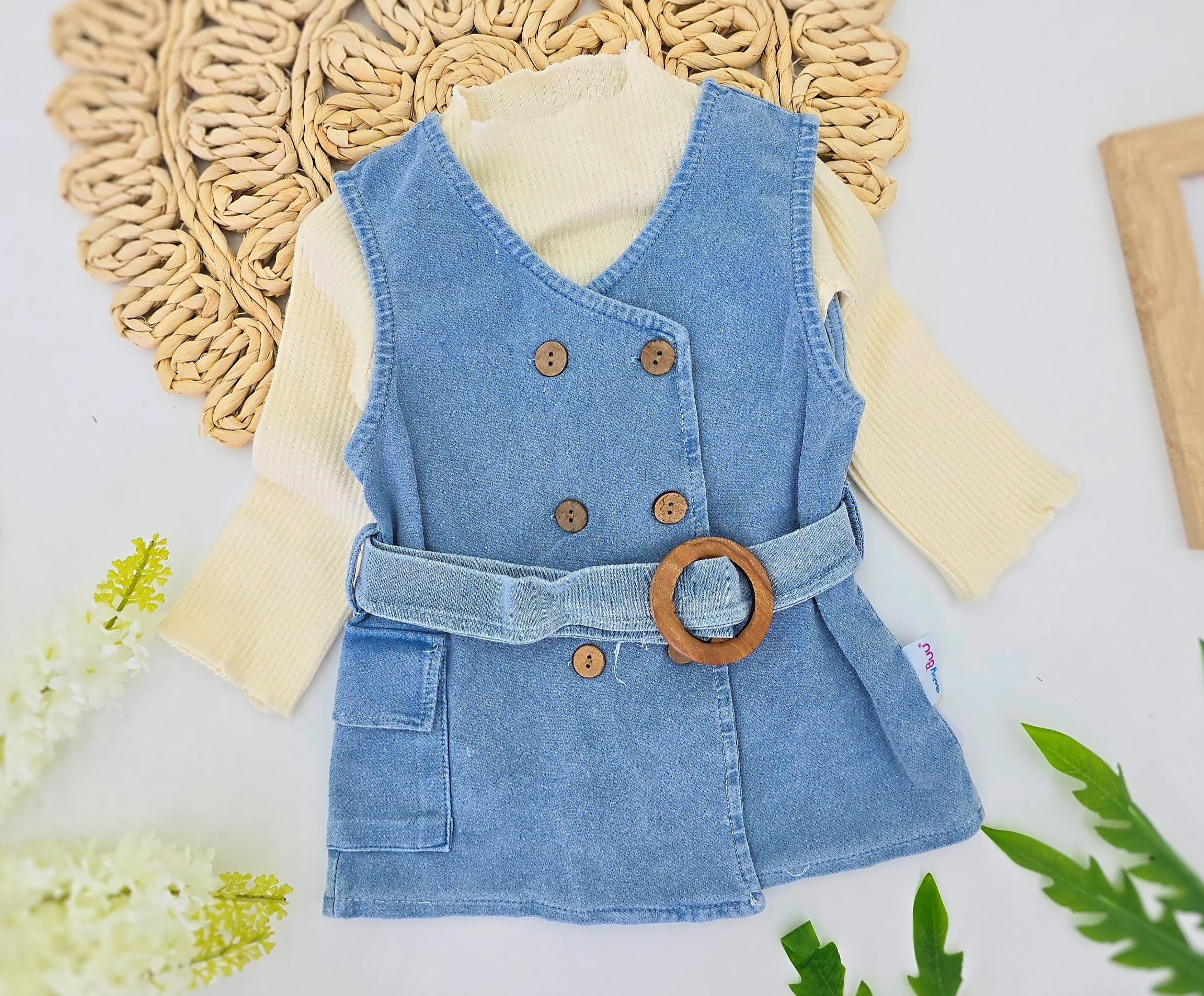 Set bluza i teksas haljinica sa kaišem - belo