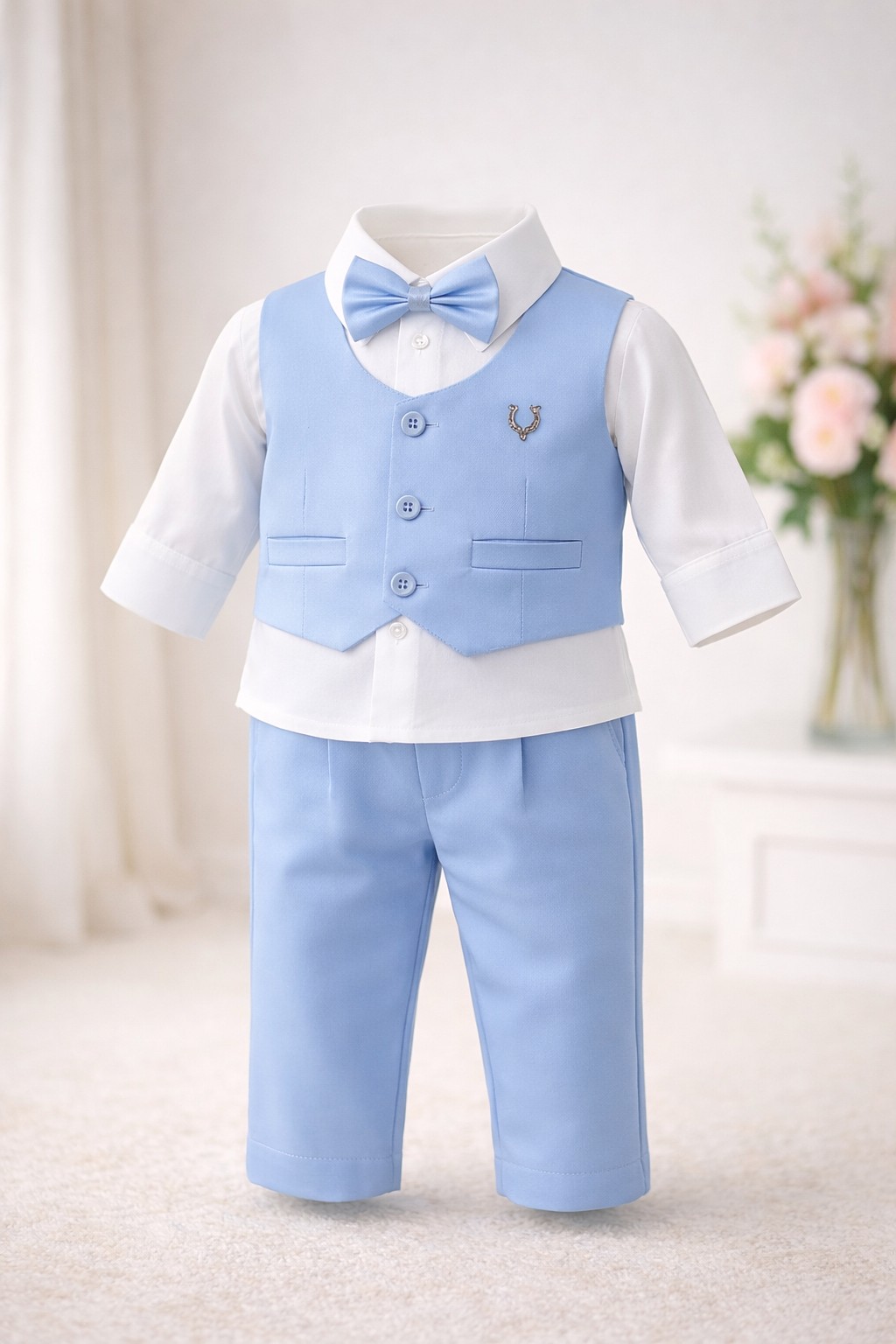 Svečani komplet za bebe dečake – bela košulja, prsluk i pantalone u svetloplavoj boji