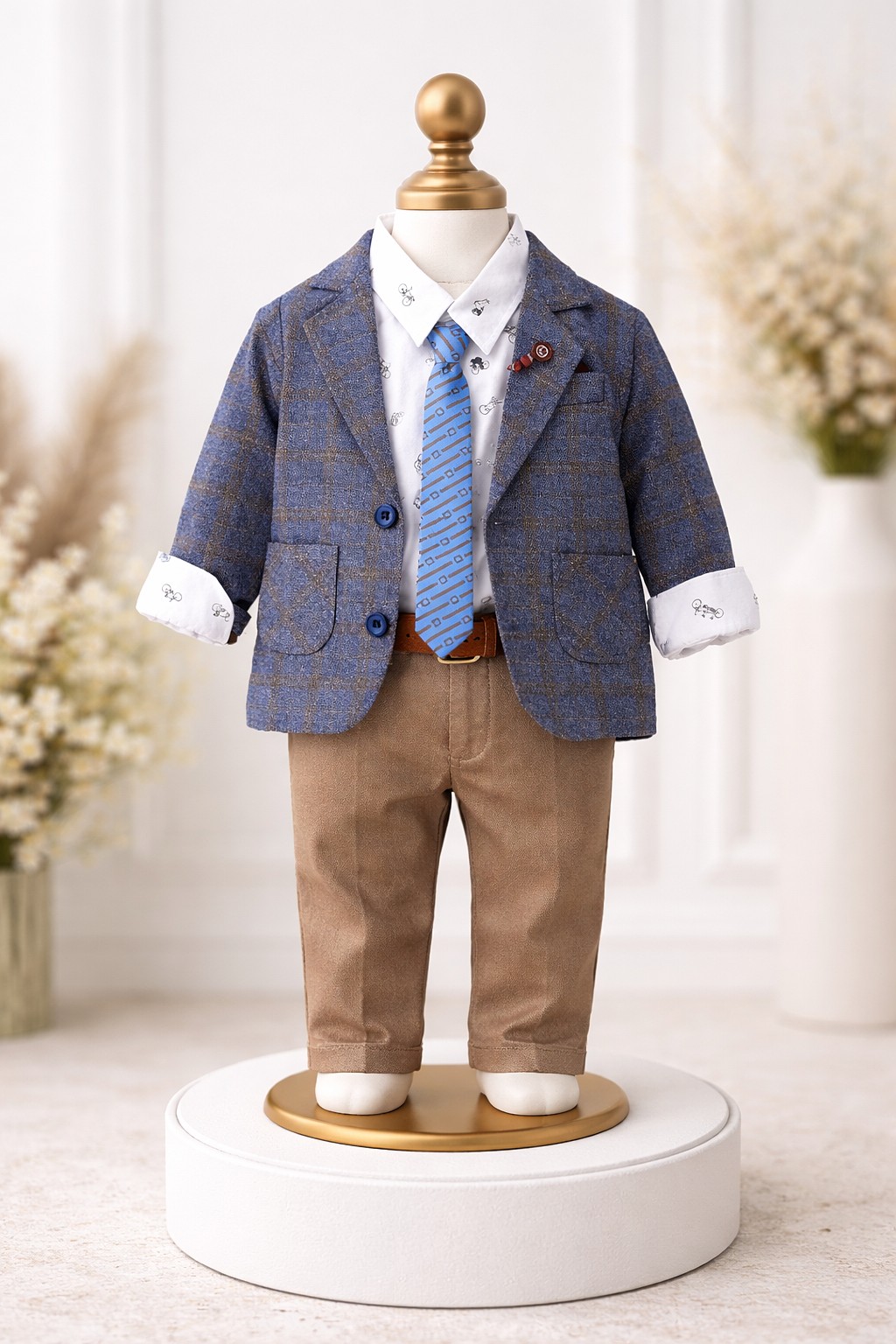 Svečani komplet za dečake – teget sako, krem pantalone, košulja i kaiš