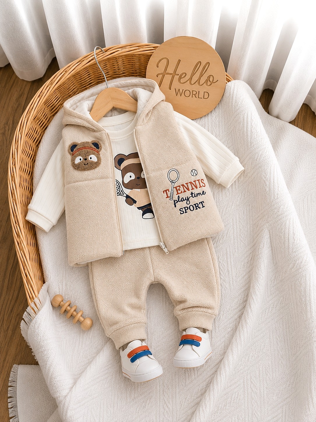 Krem pamučni set za bebe dečake – prsluk, donji deo i bluzica