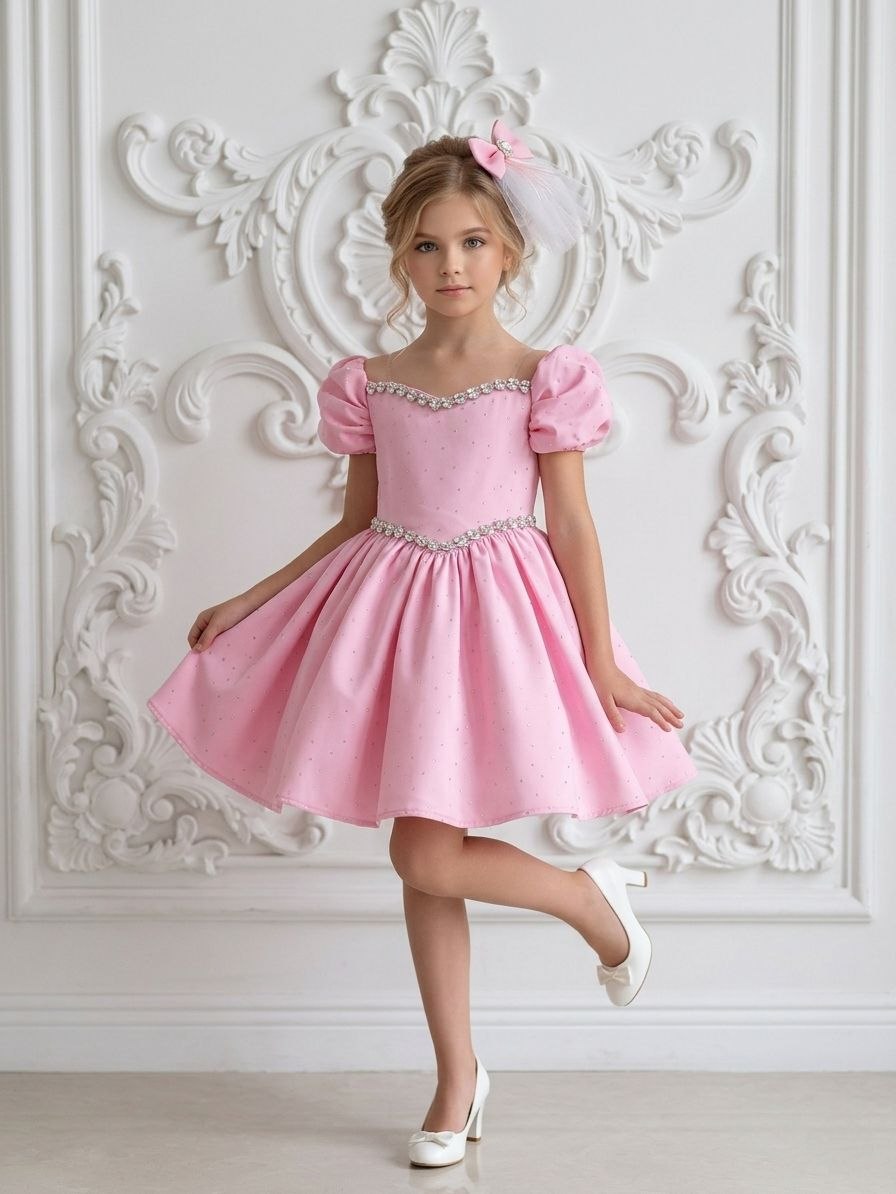 Elegantna roze svečana haljina za devojčice sa cirkonima i šnalom