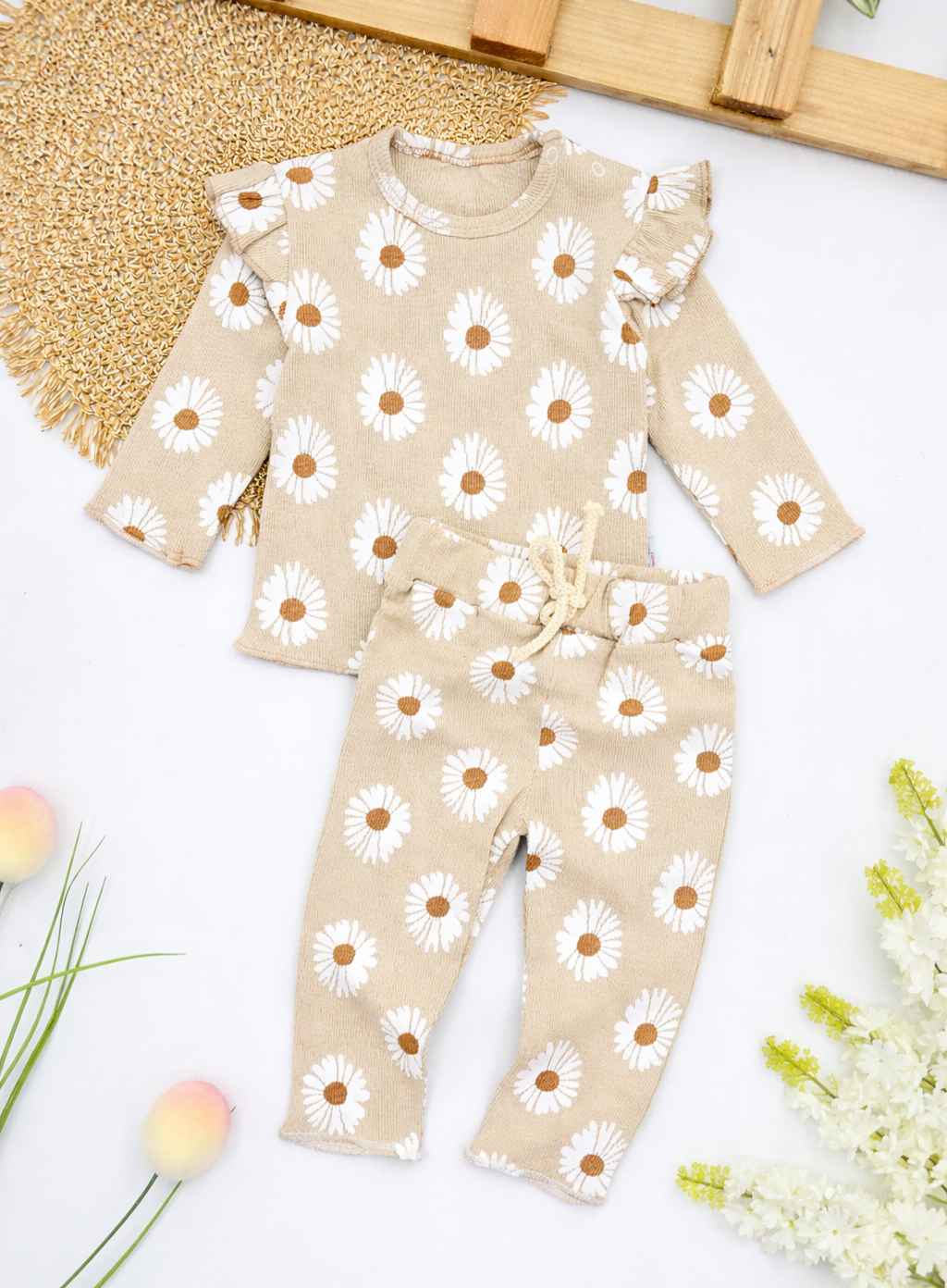 Bež trenerka za bebe sa belim radama – Rebrasti pamuk