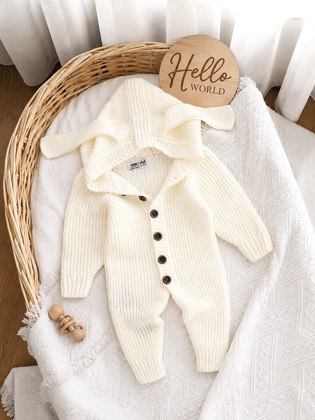Pleteni kombinezon za bebe sa kapuljačom i ušima (beli)