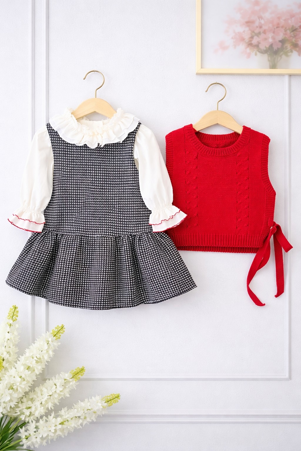 Trodeleni komplet za devojčice – košulja, haljina i prsluk